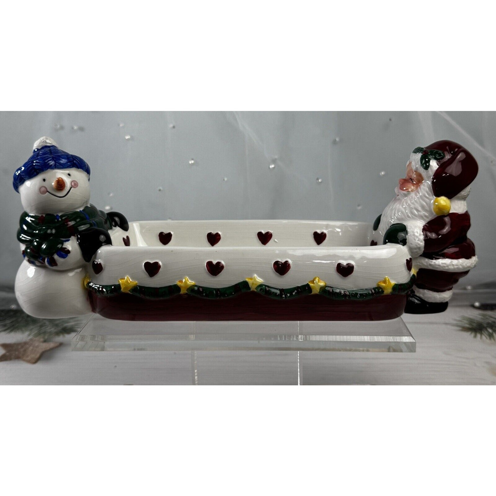 Earthenware Holiday Santa Claus Snowman Christmas‎ Cracker Dish #20639